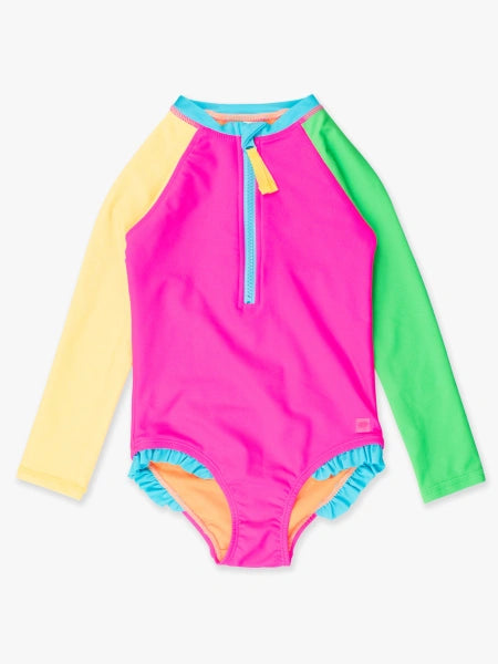 Neon Color Block One Piece Rash Guard