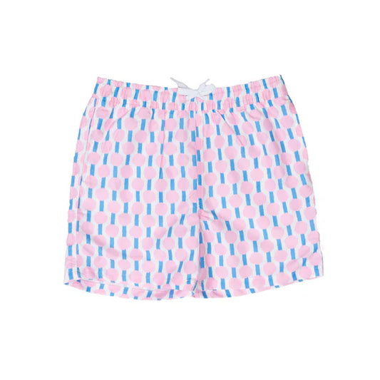 the oaks pink and blue dot swim trunks