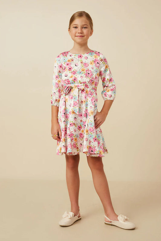 Satin Floral Belted Flare Skirt Dress