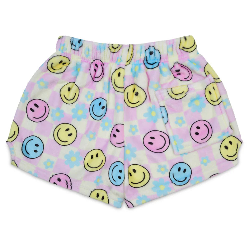 happy check plush shorts