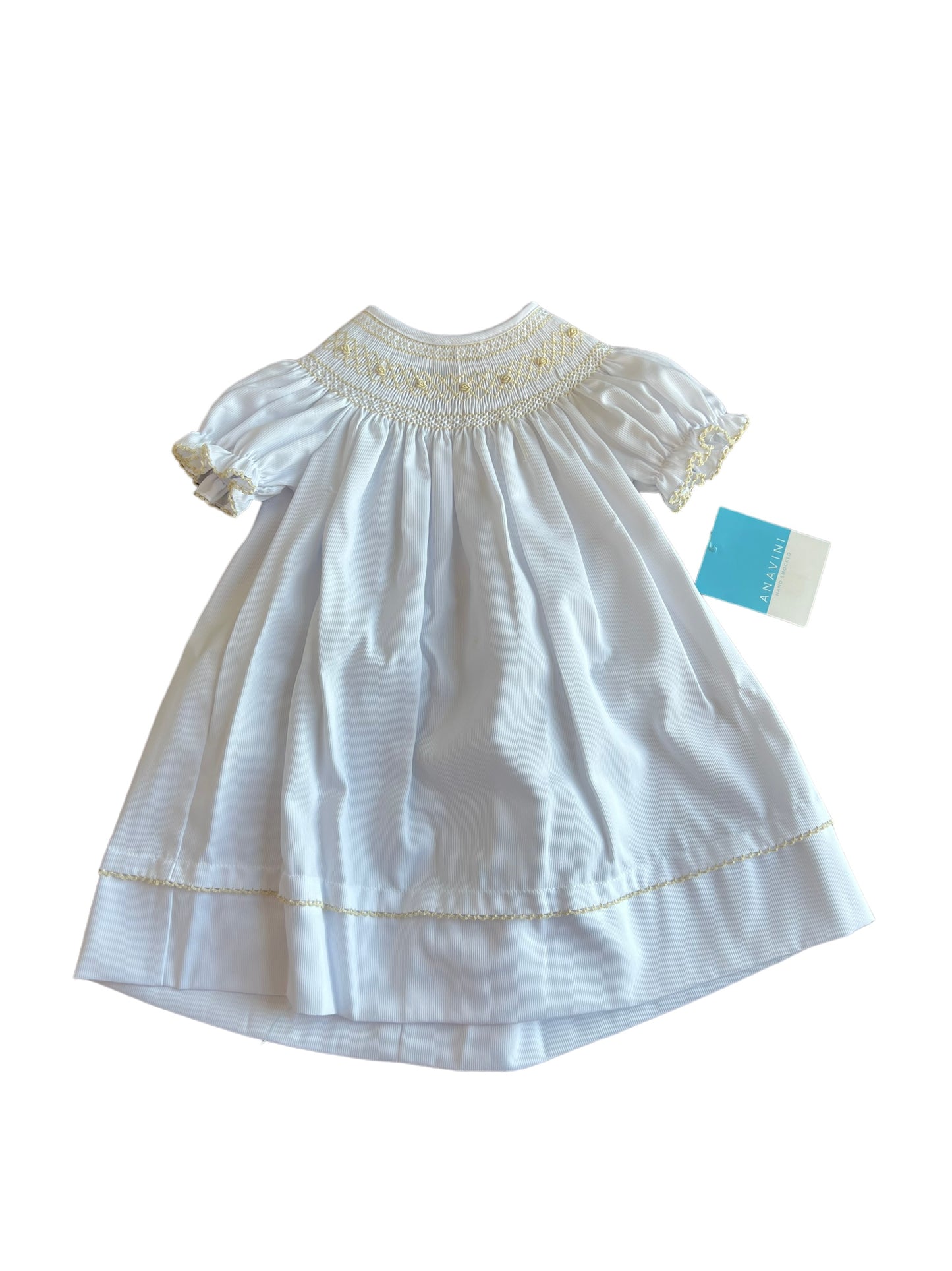 white smocked dress w ecru