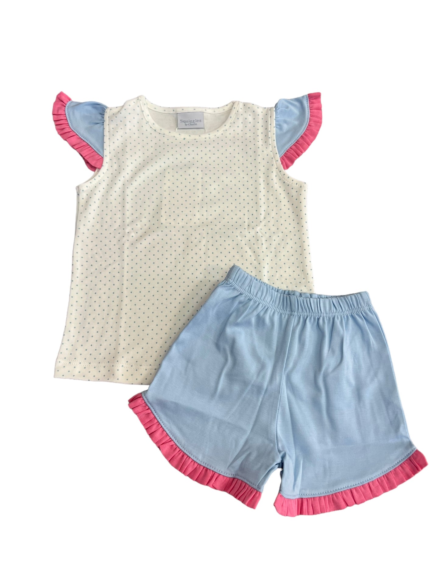 blue dot w pink ruffles set