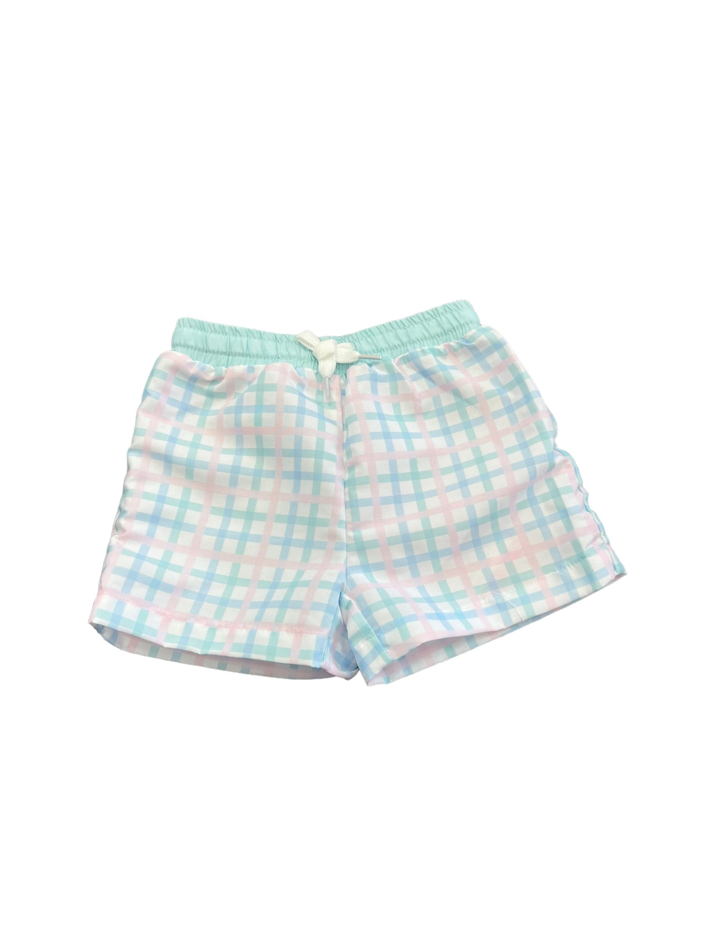 Pastel plaid swim trunks