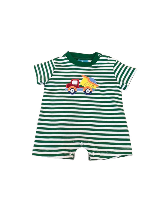 Green stripe dump truck romper