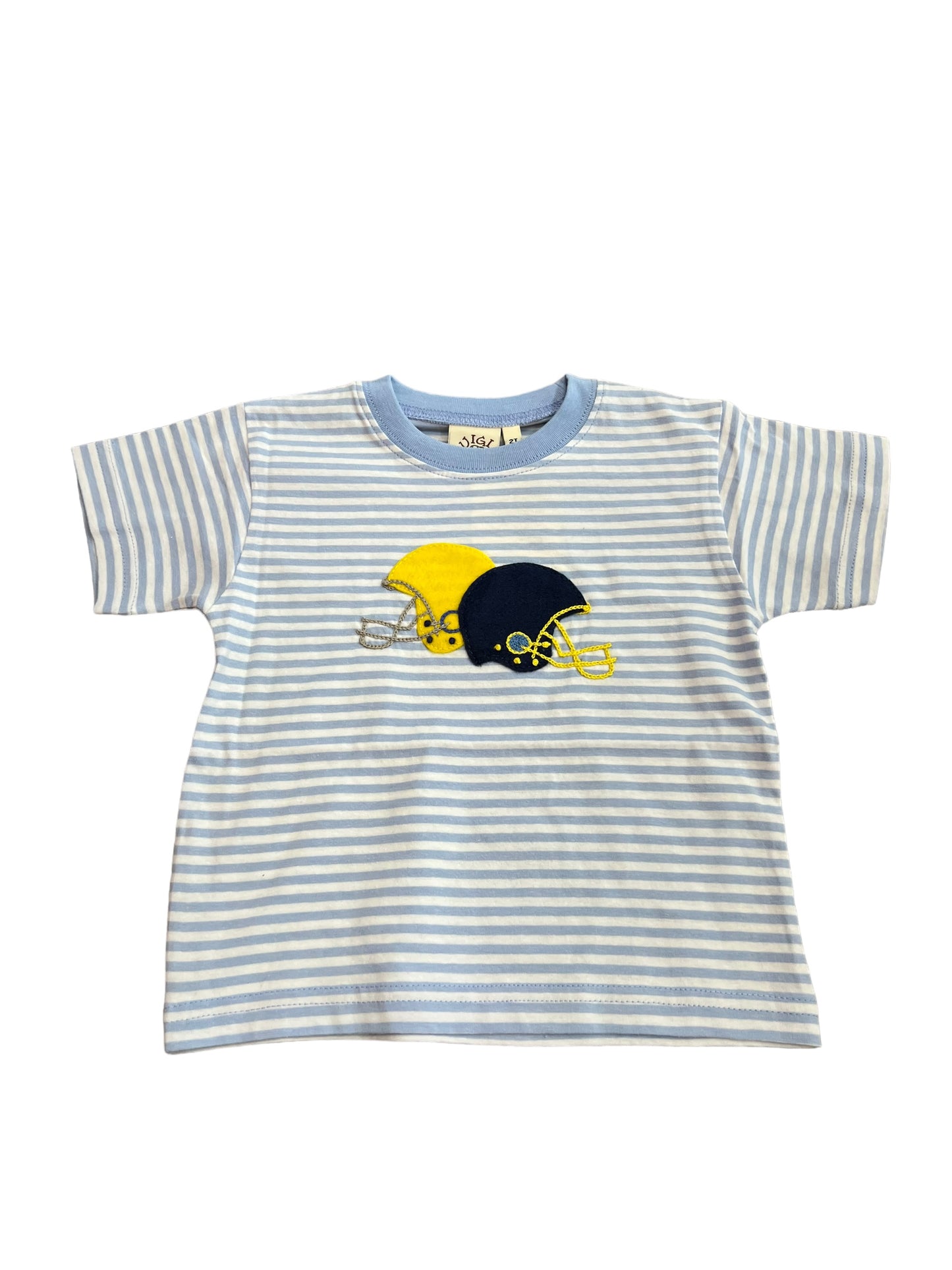 Stripe shirt w/ blue & gold helments