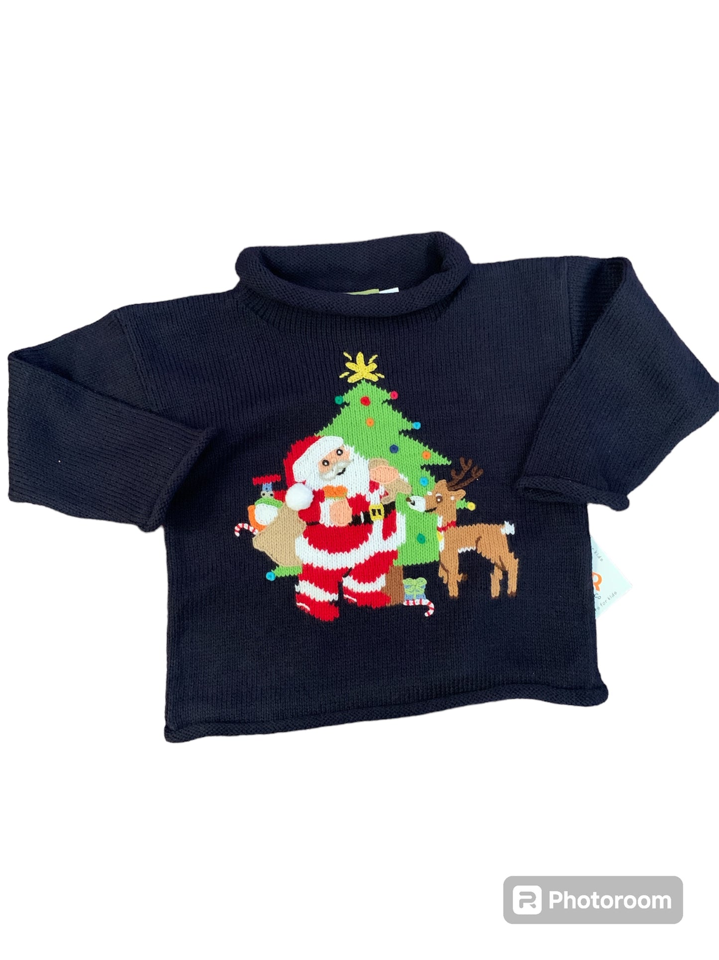 Navy roll sweater with Christmas tree and Santa