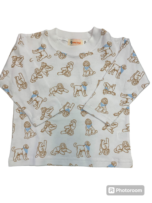 white and blue goldendoodle shirt